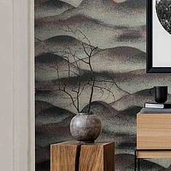 Galerie Wallcoverings Product Code 34022 - Hotel Wallpaper Collection - Black, Silver, Burgundy Colours - A textured misty landscape of hills Design