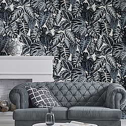 Galerie Wallcoverings Product Code 81264 - Feel Wallpaper Collection - Navy Grey Cream Blue Colours - Elephant Leaf Design