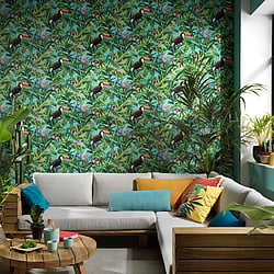 Galerie Wallcoverings Product Code AM30002 - Amazonia Wallpaper Collection - Turquoise Multi-Coloured Colours - Tropical Birds Design