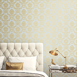 Galerie Wallcoverings Product Code CI38218 - Classic Silks 4 Wallpaper Collection - Blue, Metallic Gold Colours - Classic Damask Design