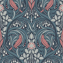 Galerie Wallcoverings Product Code ET12222 - Arts and Crafts Wallpaper Collection - Blue Coral Colours - Bird Scroll Design