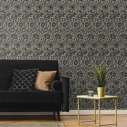 Galerie Wallcoverings Product Code ET12518 - Arts and Crafts Wallpaper Collection - Black Beige Colours - Tonal Floral Trail Design