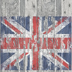 Galerie Wallcoverings Product Code G45382 - Grunge Wallpaper Collection - Grey White Red Blue Colours - Union Jack Wood Panel Design